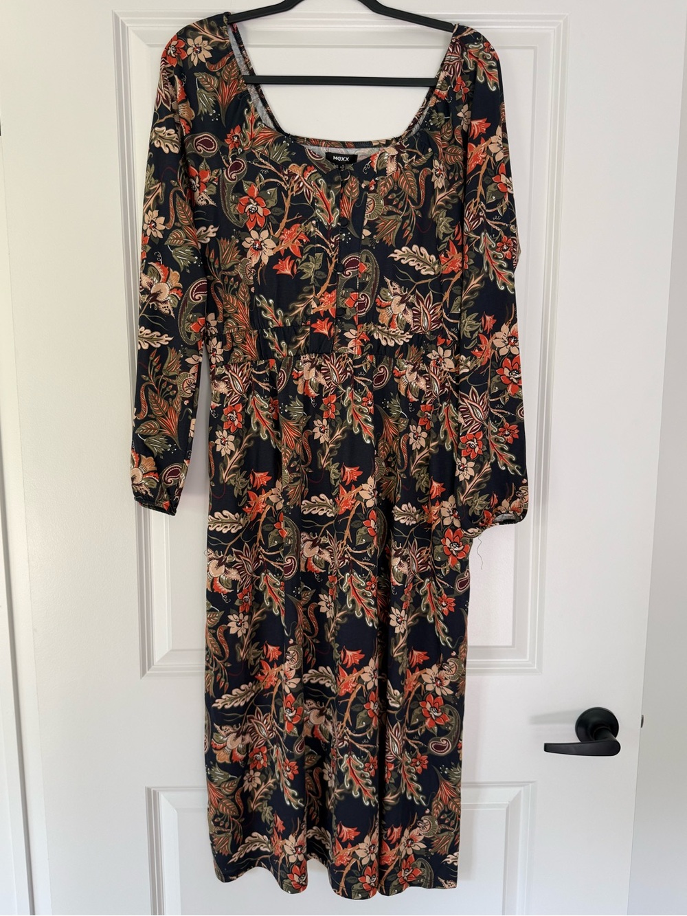Mexx Black Long-Sleeve Floral Maxi Dress with Orange and Green Accents